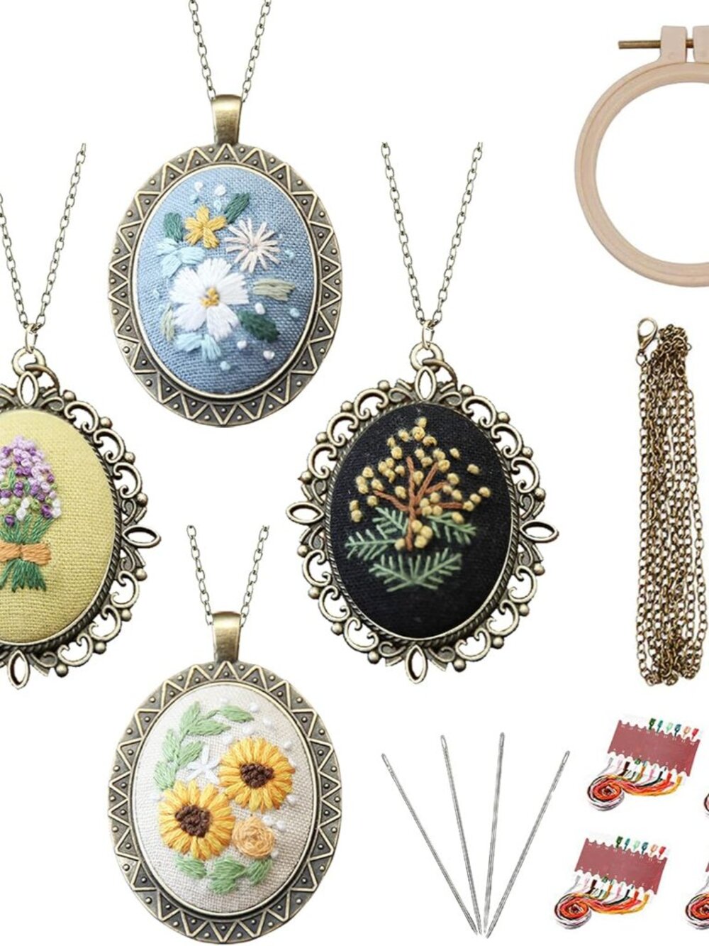 4 Packs Embroidery Necklace Kits, Embroidery Pendant Kit Mini Cross Stitch Kit w